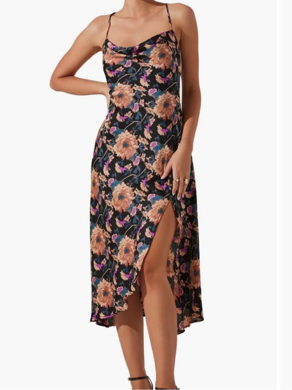 NWT Astr the Label Gaia Floral Strappy Cowl Neck Slip Dress Black Tan Floral